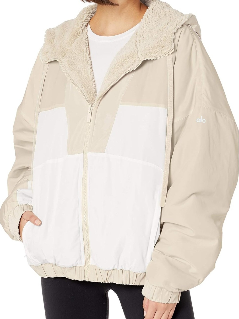 Alo XL Women's Two-Tone Cream & White Sherpa-Lined Jacket
